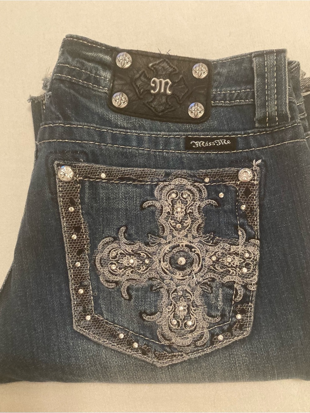 Miss Me Dark Blue Boot Cut Jeans with Embroidered Cross Pocket